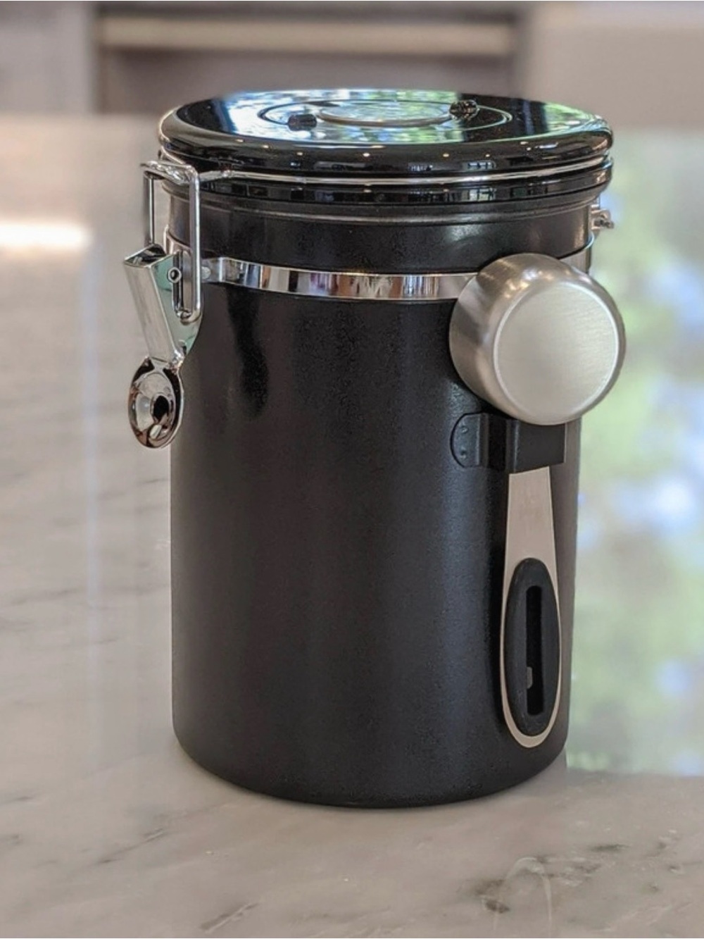 Black Coffee Canister with Built-In Scoop and Stainless Accents